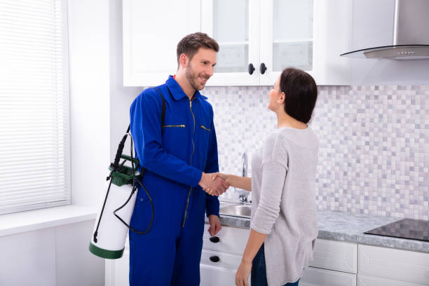 male pest control worker shaking hands with happy woman in kitchen male pest control worker shaking hands with happy woman in kitchen